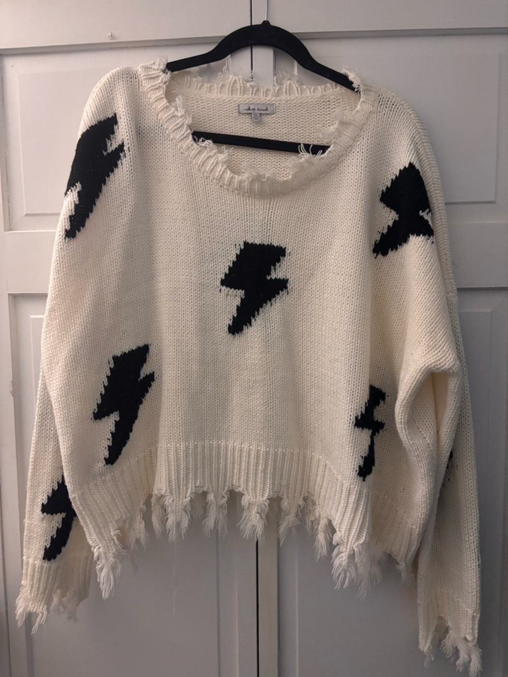 white birch Cream Knit Sweater with Black Lightning Bolts
